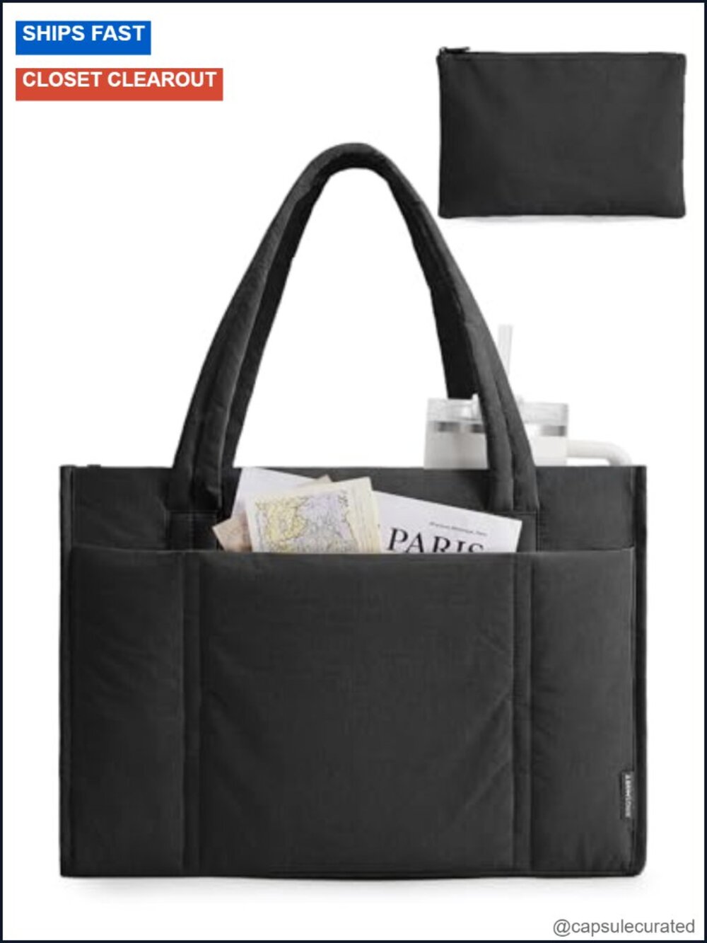Quilted Puffy Tote Bag Set with Zipper, Large Work Teacher Bag